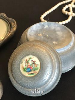 Vintage Powder Box, Wind Up Musical Metal Powder Box Hand Painted Victorian Scene