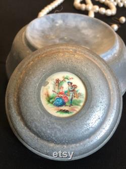Vintage Powder Box, Wind Up Musical Metal Powder Box Hand Painted Victorian Scene