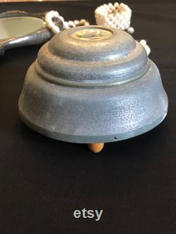 Vintage Powder Box, Wind Up Musical Metal Powder Box Hand Painted Victorian Scene