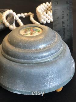 Vintage Powder Box, Wind Up Musical Metal Powder Box Hand Painted Victorian Scene