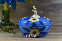 Vintage Powder Box with 1920's Flapper Girl Through Lid White Porcelain Bowl, Hand-Painted Blue with Yellow Flowers Antique Art Deco Box