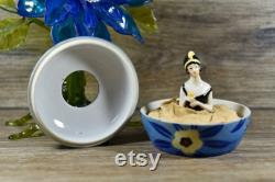 Vintage Powder Box with 1920's Flapper Girl Through Lid White Porcelain Bowl, Hand-Painted Blue with Yellow Flowers Antique Art Deco Box