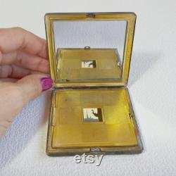 Vintage Powder Compact. LENEMAL'ER Gold Tone Brass Refillable Powder Box with a Mirror. Mirrored Compact. Vanity Mirror. Gift For Her.