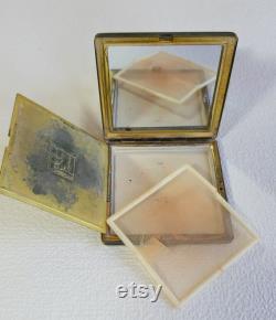 Vintage Powder Compact. LENEMAL'ER Gold Tone Brass Refillable Powder Box with a Mirror. Mirrored Compact. Vanity Mirror. Gift For Her.
