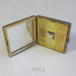Vintage Powder Compact. LENEMAL'ER Gold Tone Brass Refillable Powder Box with a Mirror. Mirrored Compact. Vanity Mirror. Gift For Her.