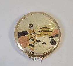 Vintage Powder Compact With Mirror Engraved with Kinkakuji Temple and a Maiko in Kyoto Japan Metal Chokin Art 3 wide From a Smoke Free Home