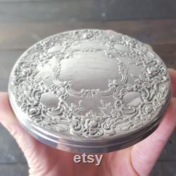 Vintage Powder Dish Crystal Glass Jar Decorative Repousse Silver Mirrored Lid with Powder Puff Hollywood Regency Vanity Decor Gift for Women