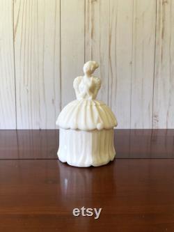 Vintage Powder Jar, Akro Agate Colonial Lady, Pale Pink Lady in Fancy Dress, Cottagecore Treasure, Vanity Display, Made in West Virginia