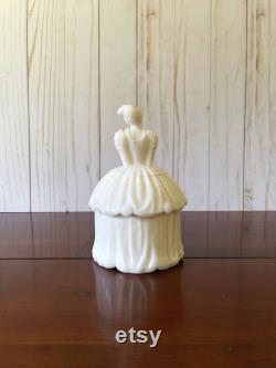 Vintage Powder Jar, Akro Agate Colonial Lady, Pale Pink Lady in Fancy Dress, Cottagecore Treasure, Vanity Display, Made in West Virginia