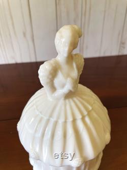 Vintage Powder Jar, Akro Agate Colonial Lady, Pale Pink Lady in Fancy Dress, Cottagecore Treasure, Vanity Display, Made in West Virginia