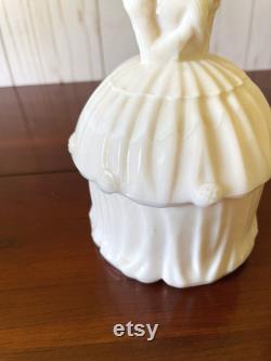 Vintage Powder Jar, Akro Agate Colonial Lady, Pale Pink Lady in Fancy Dress, Cottagecore Treasure, Vanity Display, Made in West Virginia