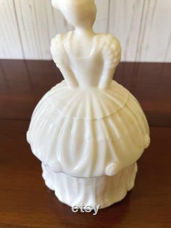 Vintage Powder Jar, Akro Agate Colonial Lady, Pale Pink Lady in Fancy Dress, Cottagecore Treasure, Vanity Display, Made in West Virginia