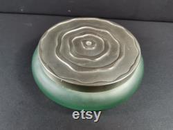 Vintage Powder Jar Box and Puff Green Glass with Silver Top