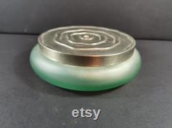 Vintage Powder Jar Box and Puff Green Glass with Silver Top
