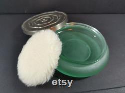 Vintage Powder Jar Box and Puff Green Glass with Silver Top