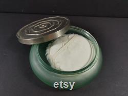 Vintage Powder Jar Box and Puff Green Glass with Silver Top