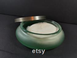 Vintage Powder Jar Box and Puff Green Glass with Silver Top