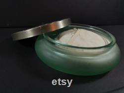 Vintage Powder Jar Box and Puff Green Glass with Silver Top