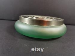 Vintage Powder Jar Box and Puff Green Glass with Silver Top