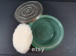 Vintage Powder Jar Box and Puff Green Glass with Silver Top