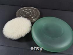 Vintage Powder Jar Box and Puff Green Glass with Silver Top