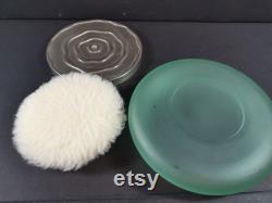 Vintage Powder Jar Box and Puff Green Glass with Silver Top