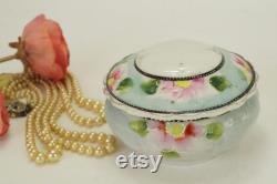 Vintage Powder Jar From Japan Floral Vanity Jar Japan Bone China Pink Flowers Hand Painted Asian Powder Jar Signed Trinket Box Vanity Dish