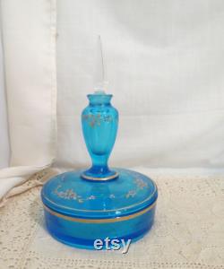 Vintage Powder Jar Perfume Bottle Lid Blue Hand Painted Enameled Flowers Gold Gilt Trim Perfume Flacon