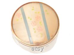 Vintage Powder Jar Pink Roses with Blue Stripes Top on Embossed Decorative Clear Glass Bottom Retro Decor Hollywood Glamour