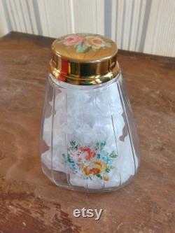 Vintage Powder Jar Ribbed Glass Handpainted Pink Roses 30's Fashion Shabby Chic Decor Cottage Style Vanity Bubble Bath or Shaker