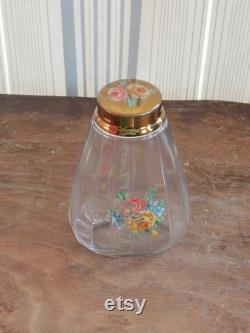 Vintage Powder Jar Ribbed Glass Handpainted Pink Roses 30's Fashion Shabby Chic Decor Cottage Style Vanity Bubble Bath or Shaker
