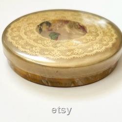 Vintage Powder Puff Box Lace, Dried Flowers, Butterfly Vintage Approximately 4.5