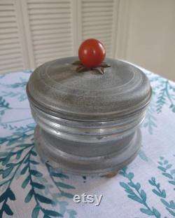 Vintage Powder Puff Holder Music Box Bakelite Knob Plays Suwannee River Aluminum Brass and Bakelite Vanity Box
