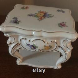 Vintage Powder Ring or Trinket Box Lidded Porcelain Hand Painted Flowers Shaped Like Victorian Table