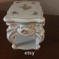 Vintage Powder Ring or Trinket Box Lidded Porcelain Hand Painted Flowers Shaped Like Victorian Table