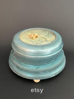 Vintage Powder Tin Music Box Swiss Movement Alpine Musical Bubble Glass Dried Flowers