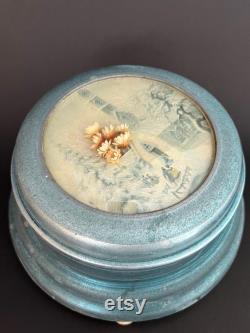 Vintage Powder Tin Music Box Swiss Movement Alpine Musical Bubble Glass Dried Flowers