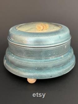 Vintage Powder Tin Music Box Swiss Movement Alpine Musical Bubble Glass Dried Flowers