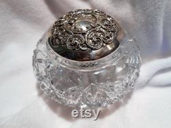 Vintage Powder Trinket Box, Extra Large Glass Powder Box, Sterling Top with Monogram A, Whiting Sterling, c. 1920