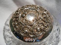 Vintage Powder Trinket Box, Extra Large Glass Powder Box, Sterling Top with Monogram A, Whiting Sterling, c. 1920