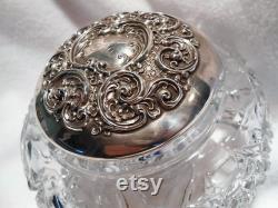 Vintage Powder Trinket Box, Extra Large Glass Powder Box, Sterling Top with Monogram A, Whiting Sterling, c. 1920