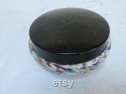 Vintage Powder Vanity Trinket Jar Bowl with Black and Gold Celluloid Lid 1920's Vanity Rare Milk White Confetti Splatter Glass Base