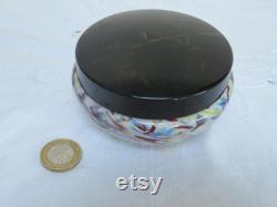 Vintage Powder Vanity Trinket Jar Bowl with Black and Gold Celluloid Lid 1920's Vanity Rare Milk White Confetti Splatter Glass Base Vintage Powder Vanity Trinket Jar Bowl with Black and Gold Celluloid Lid 1920's Vanity Rare Milk White Confetti Splatter Glass Base