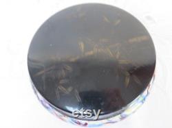 Vintage Powder Vanity Trinket Jar Bowl with Black and Gold Celluloid Lid 1920's Vanity Rare Milk White Confetti Splatter Glass Base