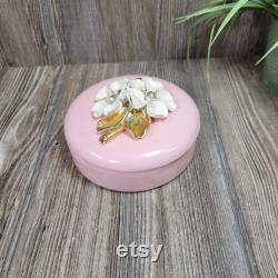 Vintage Powder or Trinket Box, Pink Ceramic Round, Flowers and Rhinestones