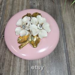 Vintage Powder or Trinket Box, Pink Ceramic Round, Flowers and Rhinestones