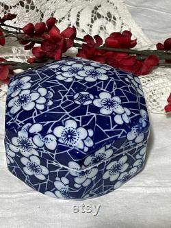 Vintage Power Box, Hexagon Dish with Lid, Blue and White