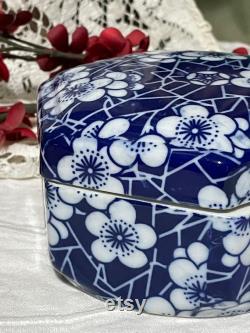 Vintage Power Box, Hexagon Dish with Lid, Blue and White