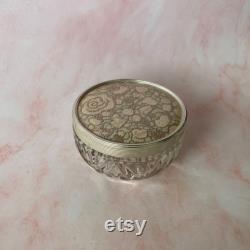 Vintage Pressed Glass Powder Vanity Jar with Pink and Silver Floral Lace Lid, MCM