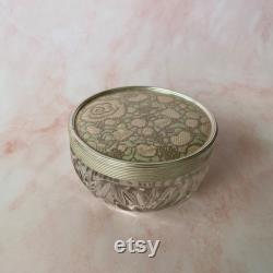 Vintage Pressed Glass Powder Vanity Jar with Pink and Silver Floral Lace Lid, MCM